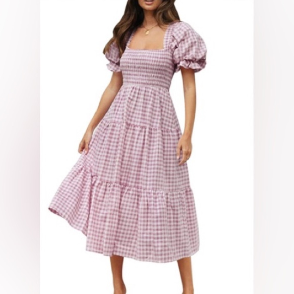 Lena | adorable pink plaid square neck line short sleeve midi dress size S